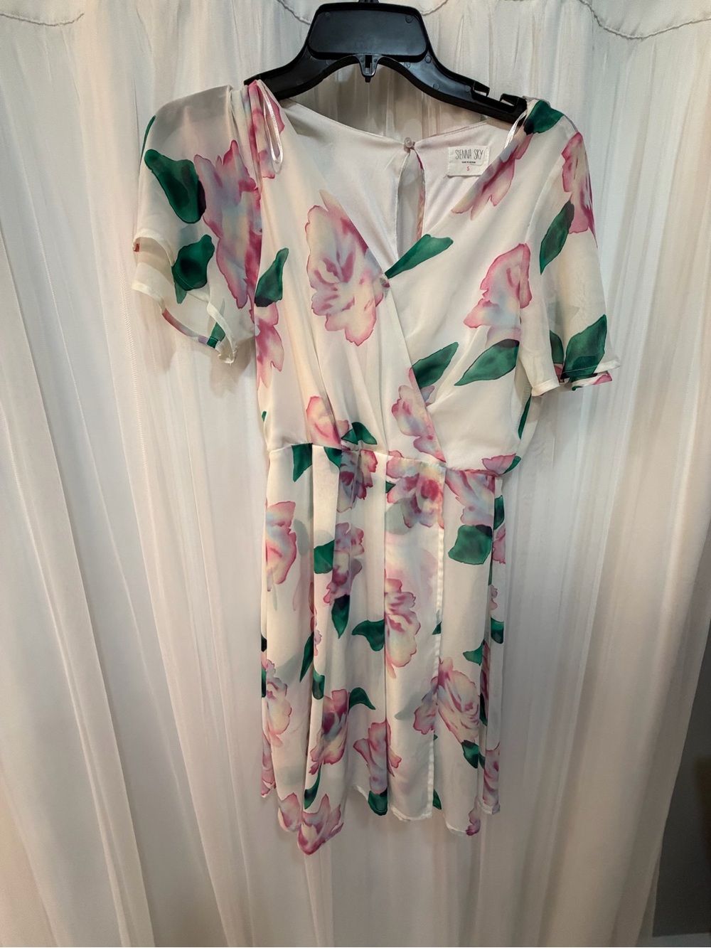 Sienna Sky White Wrap-Front Dress with Pink Floral & Green Leaves